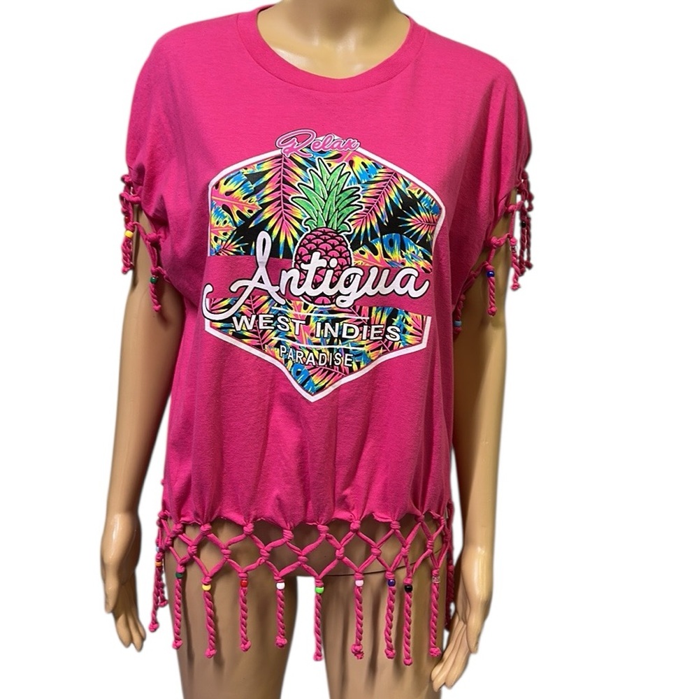 Antigua West Indies Beaded Fringed Pink Caribbean Pink Graphic Tee Womens XL - Picture 1 of 14